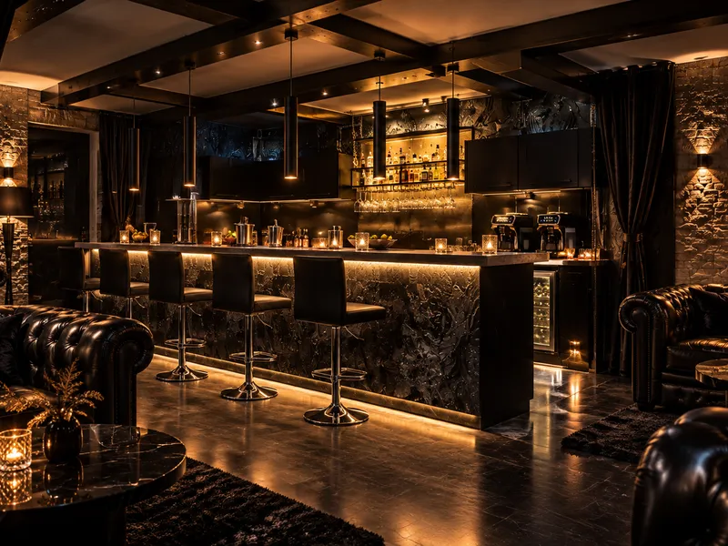 Die Bar: Lounge mit Chesterfield-Sofas, beleuchteter Bar und Kaminfeuer (Visualisierung)