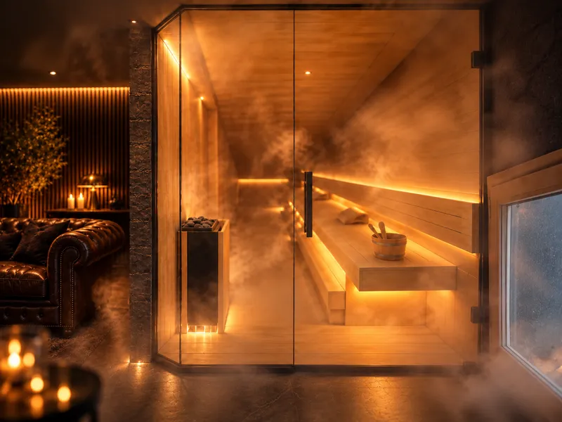 Sauna & Wellness: warme Sauna aus hellem Holz im Dämmerlicht (Visualisierung)