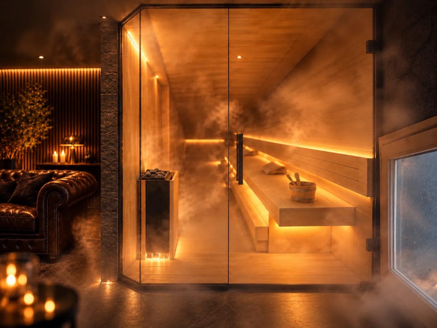 Sauna & wellness: warm sauna of light wood in the twilight (visualisation)